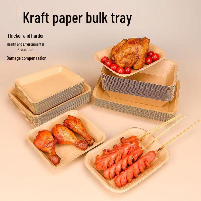 Kraft Disposable Rectangular Paper Plates for BBQ, Fried Chicken, Fries, and Snacks - Thickened Camping Dinner Trays