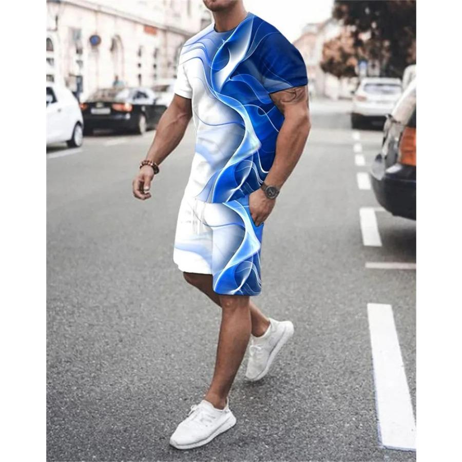Men's Summer Casual T-Shirt Set Striped 3D Printed T-Shirt Short Sleeve Shorts 2 Piece Oversized Casual Beach Sports Suit