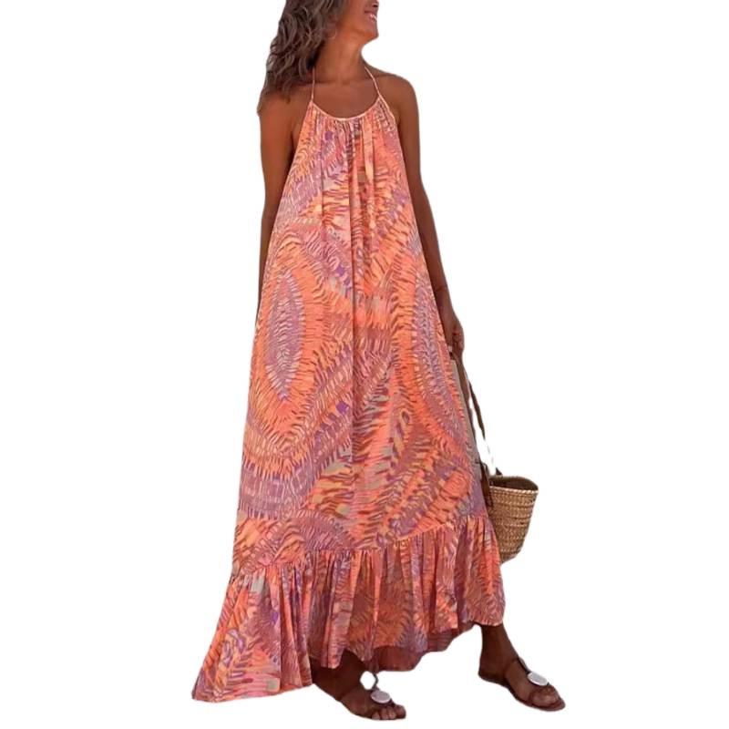 European & American Summer 2023 Women's Printed Spaghetti Strap Long Dress with Big Hem