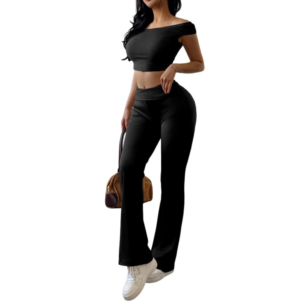 Women Y2K Solid Color Crop Top Long Pants Set Slim Sexy Casual Sportswear Summer