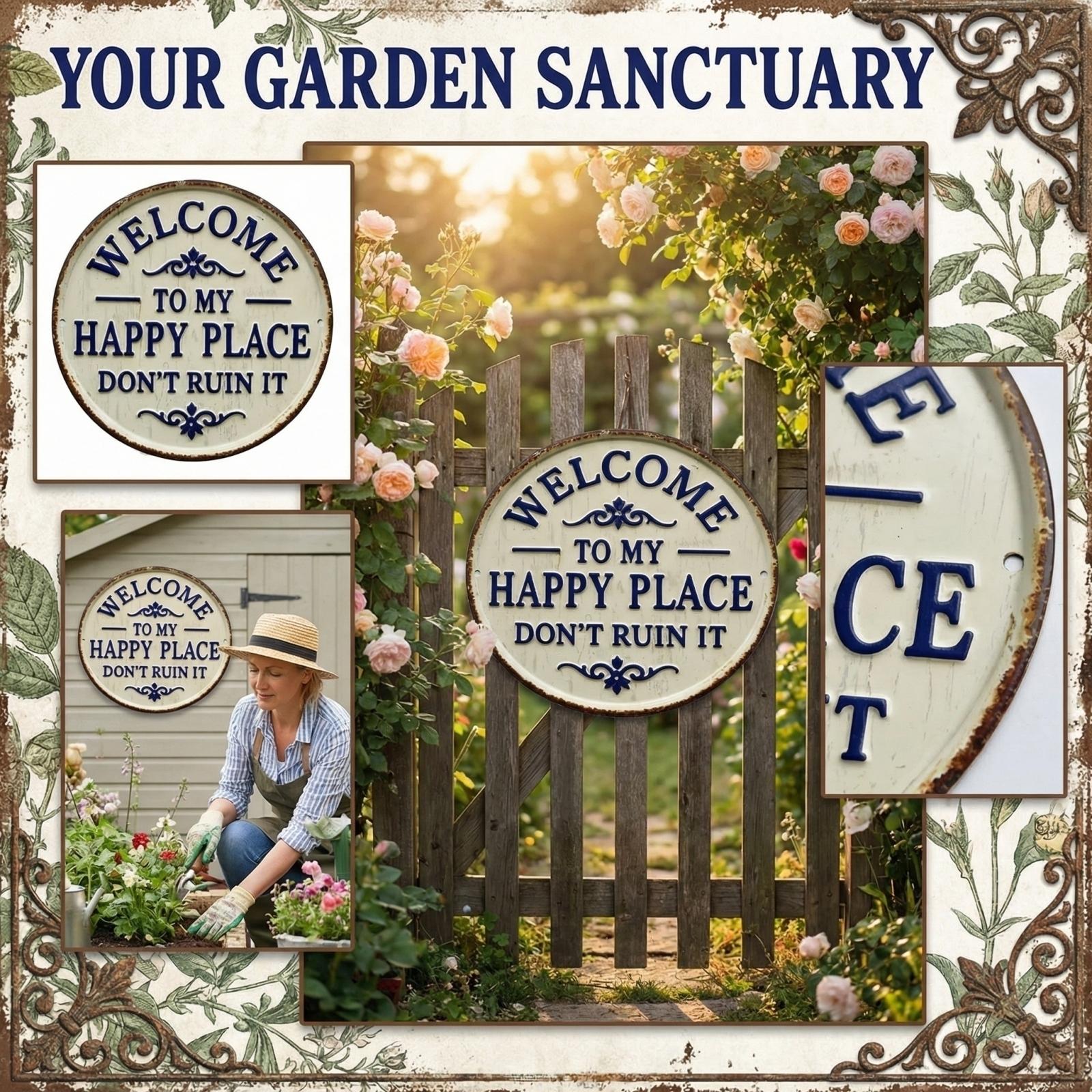 

Vintage Round Metal Sign -Welcome To My Happy Place Don t Ruin It Garden Wall Decor, Funny Cute Porch Patio Hanging Tin, Rustic Indoor Outdoor One Size