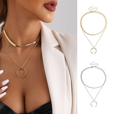 Cool Double Flat Snake Chain Crescent Moon Pendant Necklace Women's  Necklace