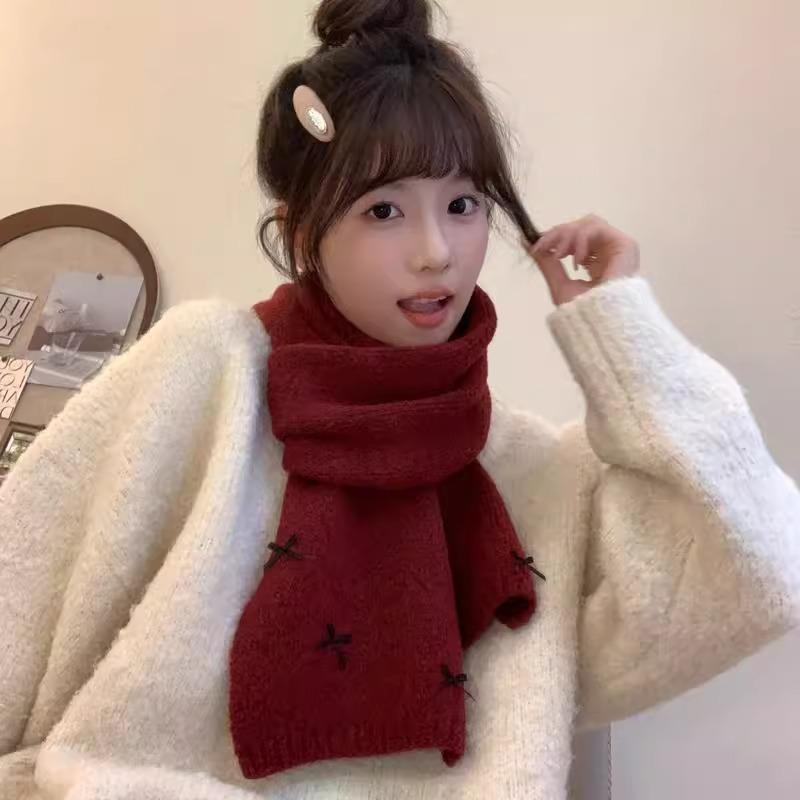 New Korean Version Bow Small Fragrant Style Cute Scarf Women's Autumn and Winter Versatile Student Warm Knitted Scarf