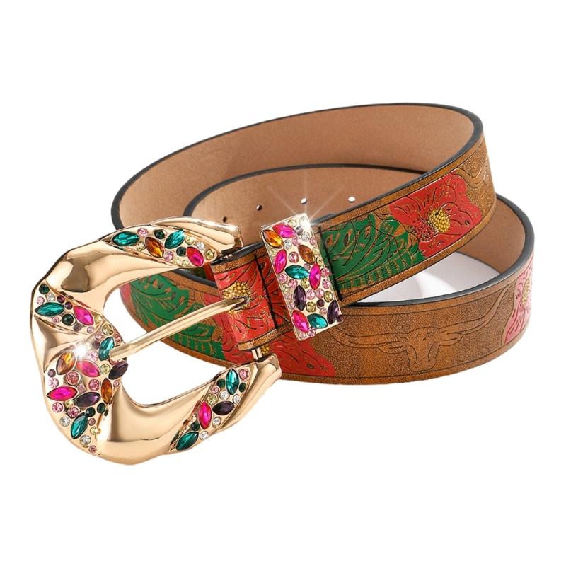 Rhinestones Waist Belt Punk Chain for Cowboy Cowgirl Studded Flower Buckle Retro Floral Buckle Waist Chain Belt