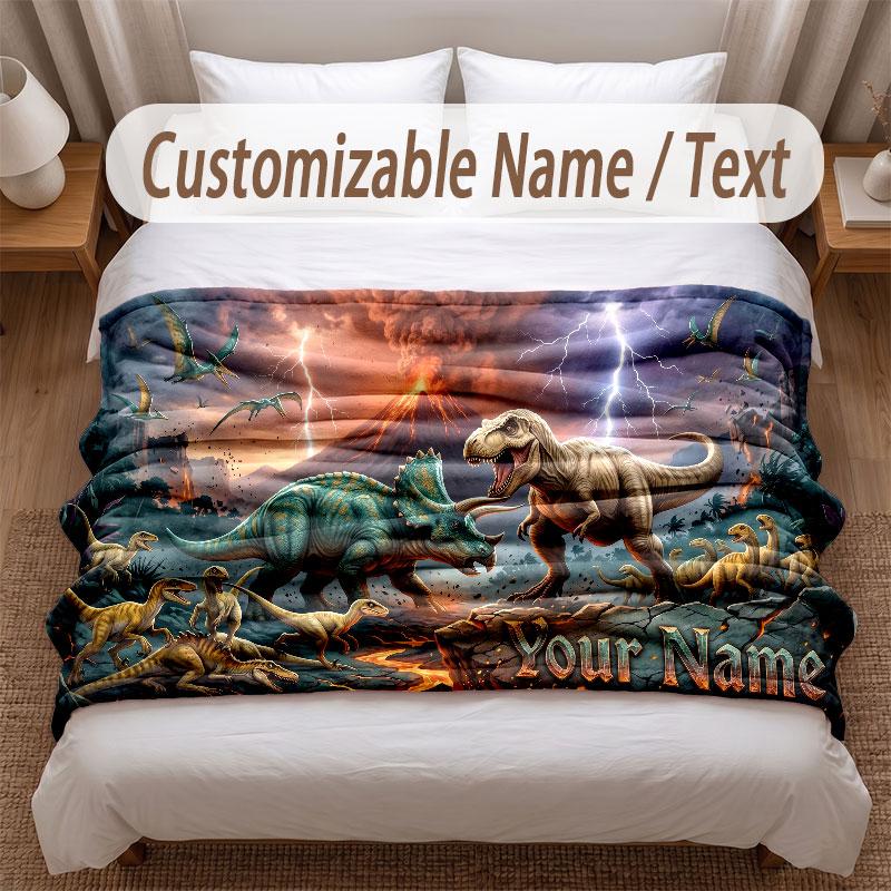 Dinosaur Theme Soft Blanket Personalized Custom Name Text Print Warm Blanket Home Sofa Bedroom Decor