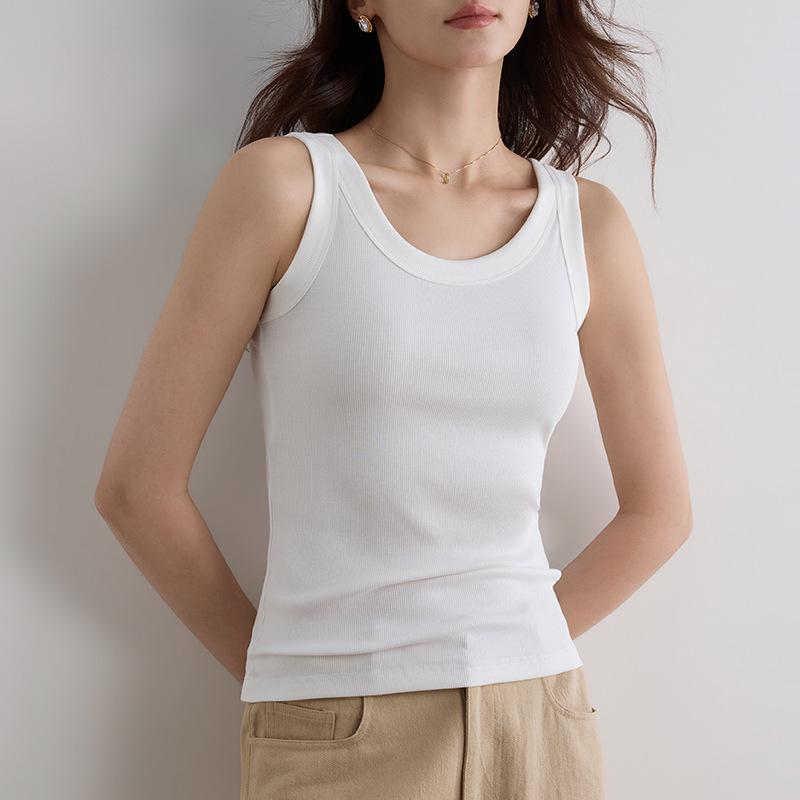 Women Thin Slim Fit Solid Color Round Neck Ribbed Camisole Tank Top Inner Wear