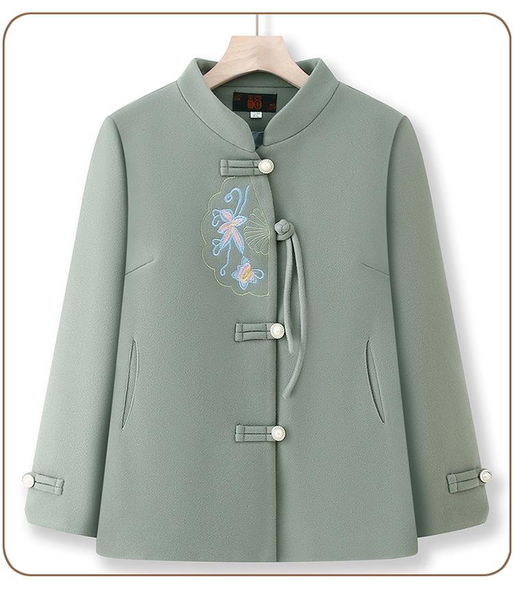 Elegant Embroidered Woolen Coat for Middle-Aged & Elderly Women – Spring & Autumn Fashion
