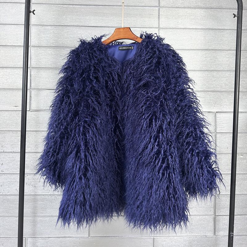 Korean Style Women's Tan Faux Lamb Wool Mid-Length Coat
