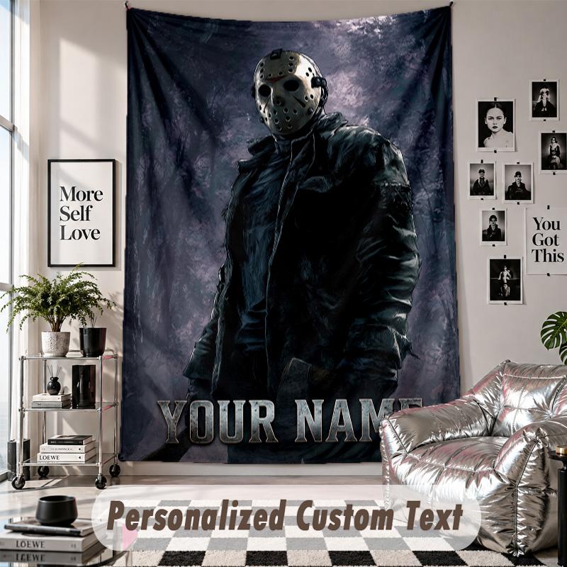 Custom Tapestry Wall Hanging, Friday the 13th Jason Voorhees Personalized Name Text Home Wall Decor