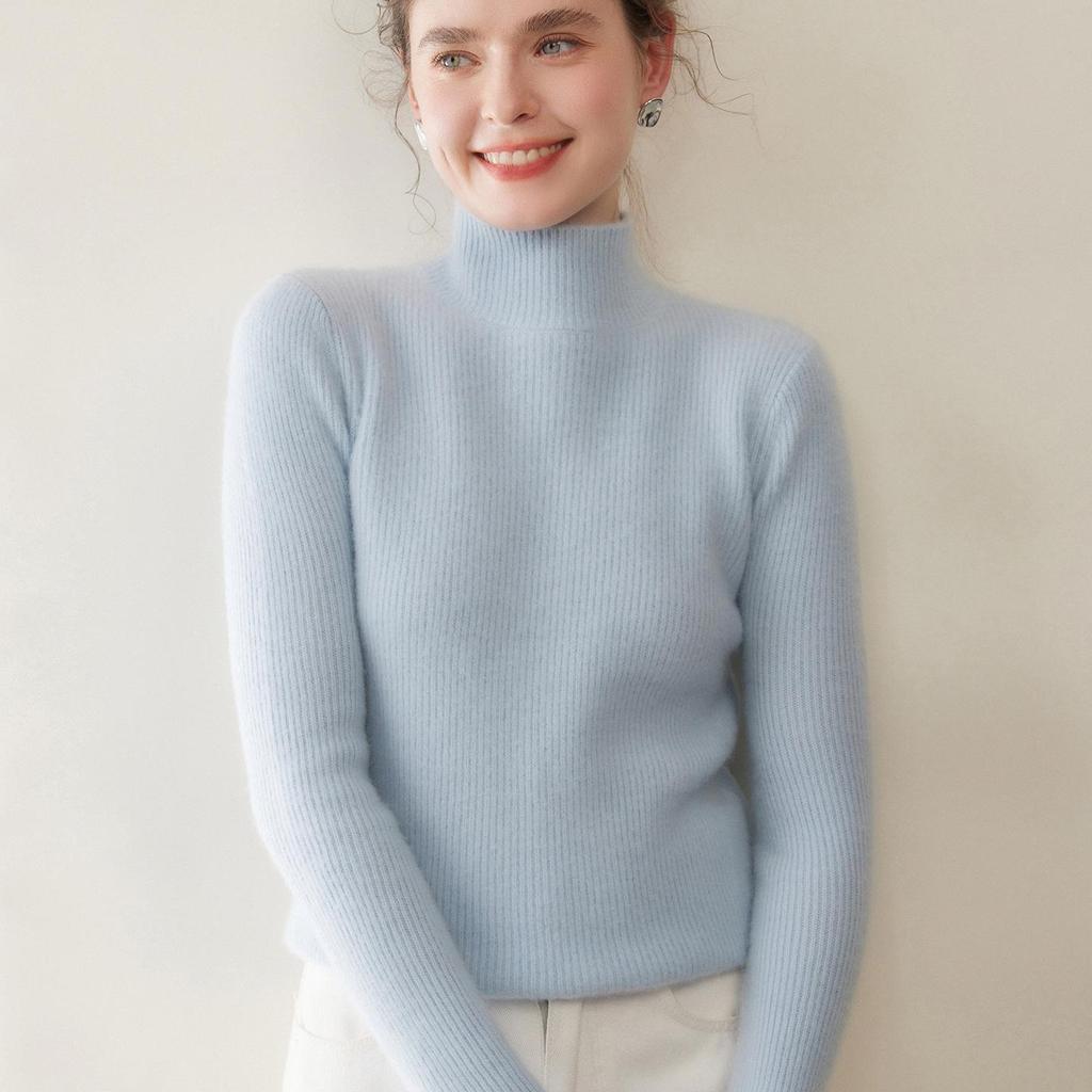 Women's Thickened Double-Strand Cashmere Sweater: Soft, Skin-Friendly, Ribbed, Slim-Fit, Solid Color, Half-High Collar, Flattering Knit Design.
