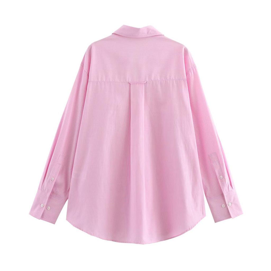 2025 Spring Women's Casual Striped Oxford Shirt with Turn-Down Collar