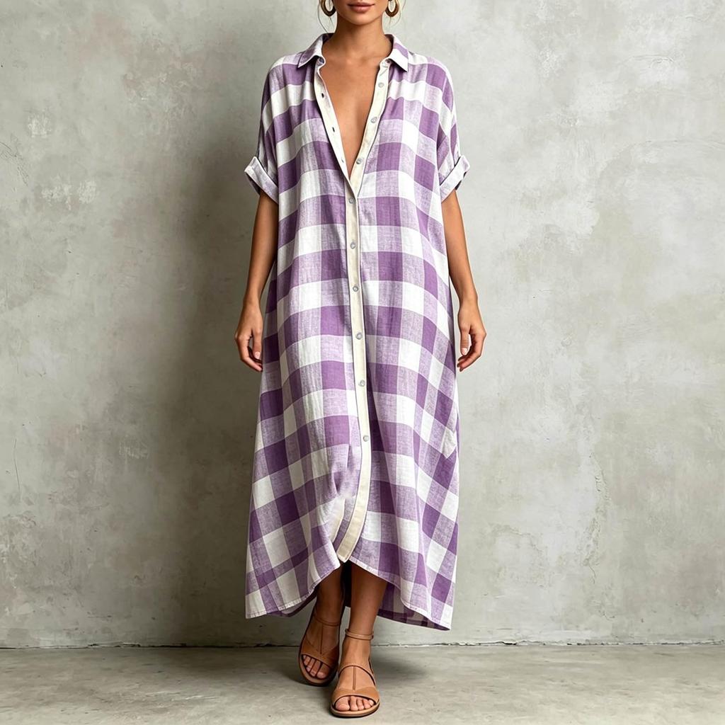 Women's Casual Plaid Short Sleeve Maxi Dress with Lapel for Vacation Beach Wear
