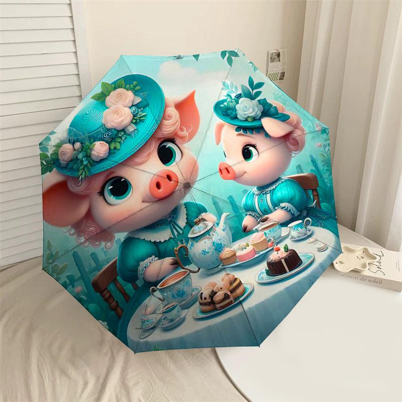 

1PC Tea Party Pig Umbrella-8-Rib Reinforced, Automatic Open, Lightweight & Durable, Cute Fashion Accessory for Outdoor-T371