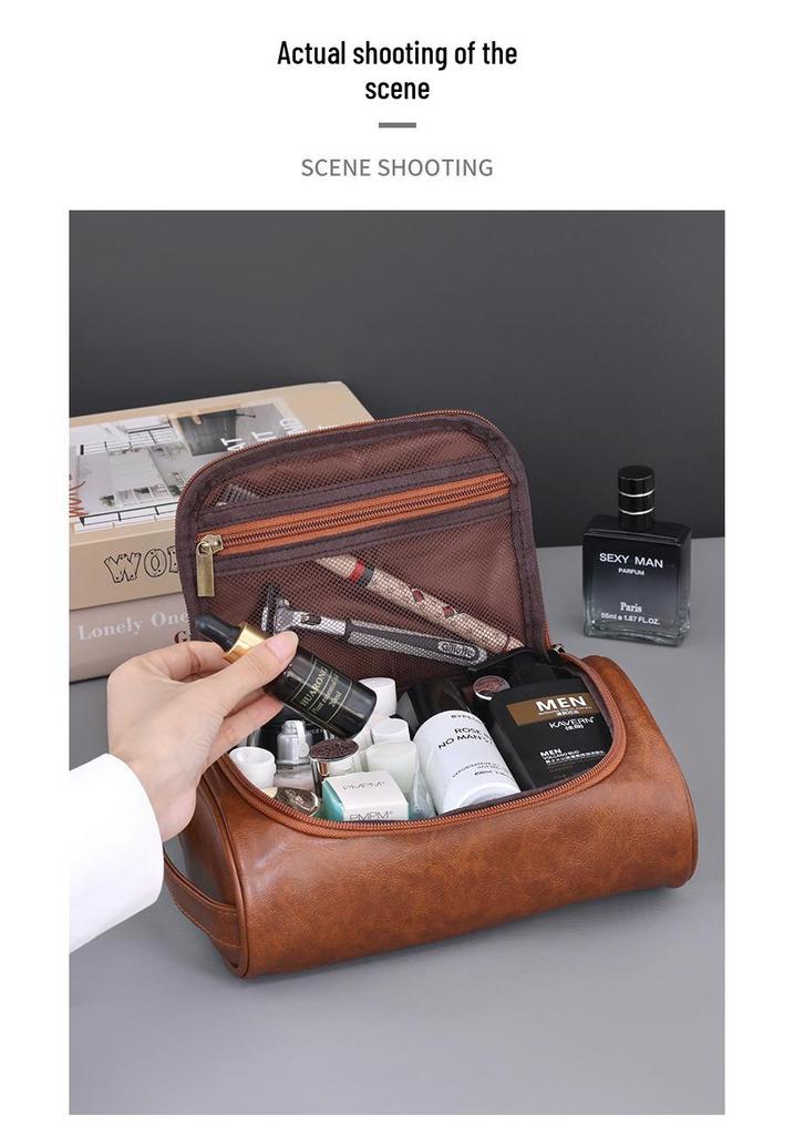 Men's PU Leather Handheld Cosmetic Bag: High-Capacity Waterproof Toiletry Travel Case