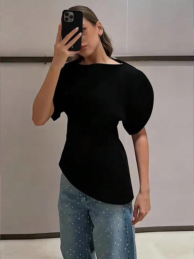 European Style Spring/Summer Women's Slim-Fit Round Neck Puff Sleeve Top