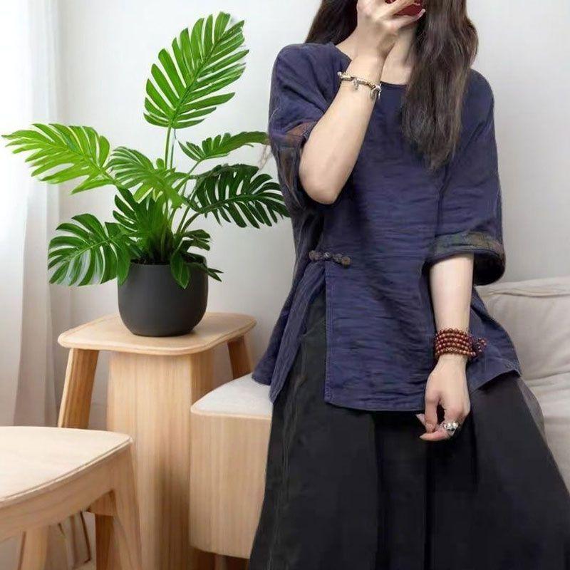 Women's Chinese Retro Sand Washed Fried Linen Pipa Button Side Slit Shirt Mid-sleeve Cotton Linen Top