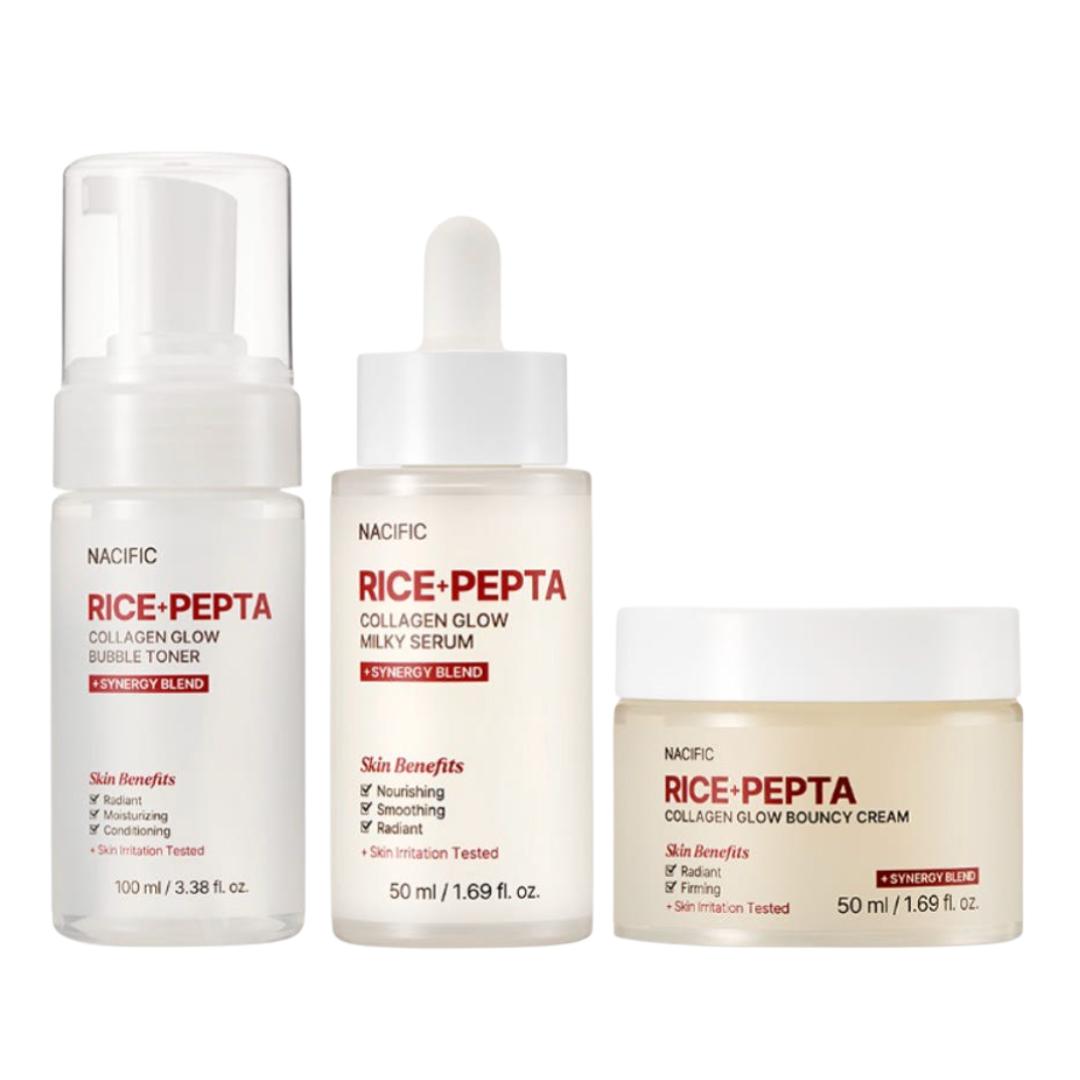NACIFIC Rice Pepta Collagen Glow Skincare Routine Set Bubble Toner Serum Cream Kit