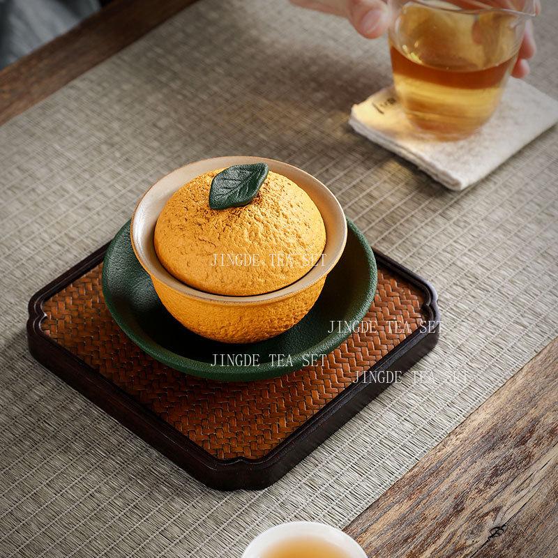 140ml Orange Three Talent Bowl Cover Household Chinese Style Tea Bowl with Lid Kung Fu Tea Tasting Cup Drinking Utensils