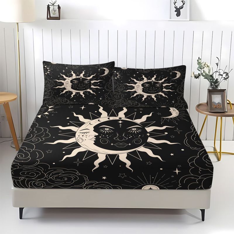 Celestial Sun and Moon Fitted Sheet Set Mystical Black and White Bed Sheets Set Starry Sky Bedding Set Soft Microfiber Bed Cover