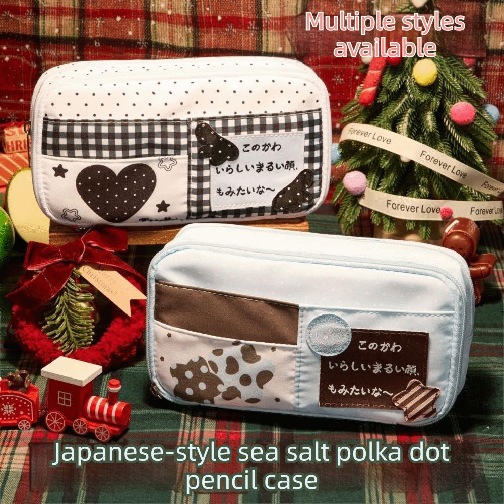 Polka Dot Zipper Pencil Pouch Patchwork Style Pen Storage Bag  Everyday Storage