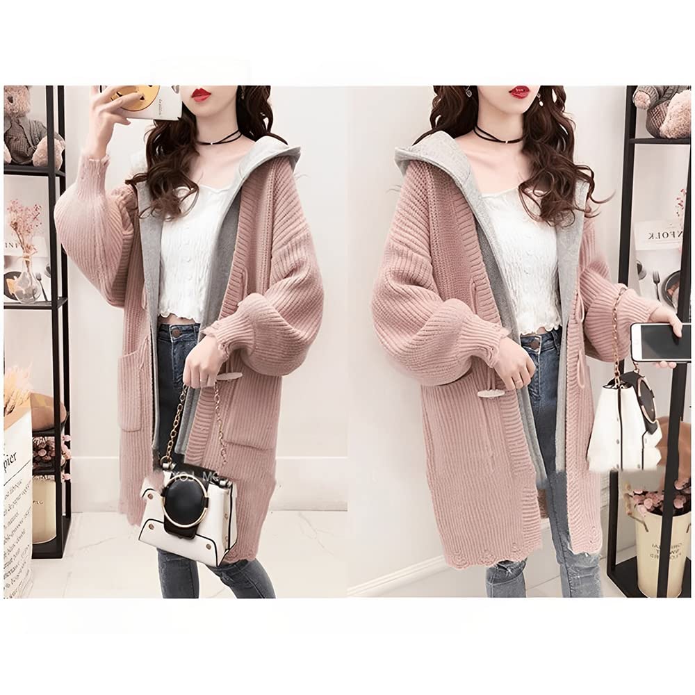 Village Hooded Knit Outerwear Loose D128 H&T Women's Cardigan, Jacket, Stylish, Elegant, Casual, Fit, Oversized, Popular, Warm, Autumn/Winter, (L,