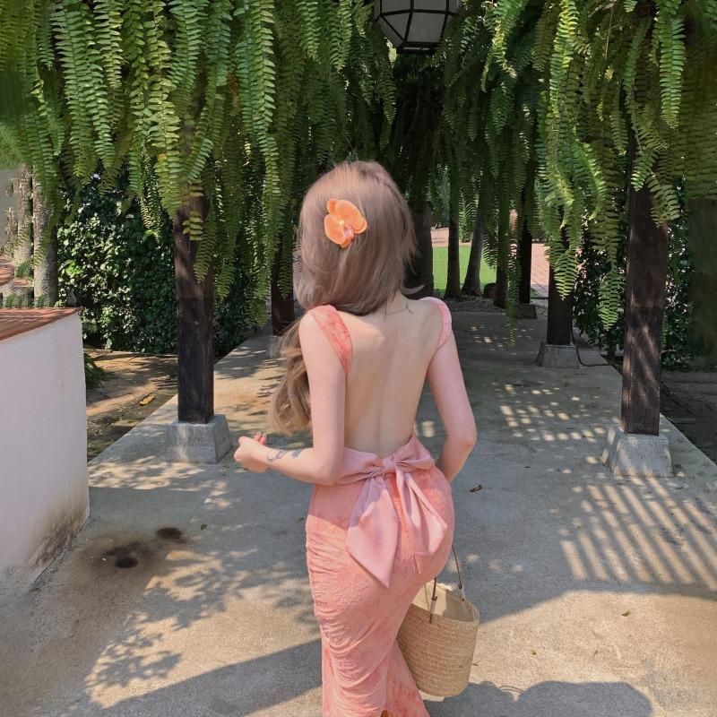 Pure Desire Sexy Design Feeling Bow Halter Seaside Vacation Romantic French Pink Waist Hip Dress Summer