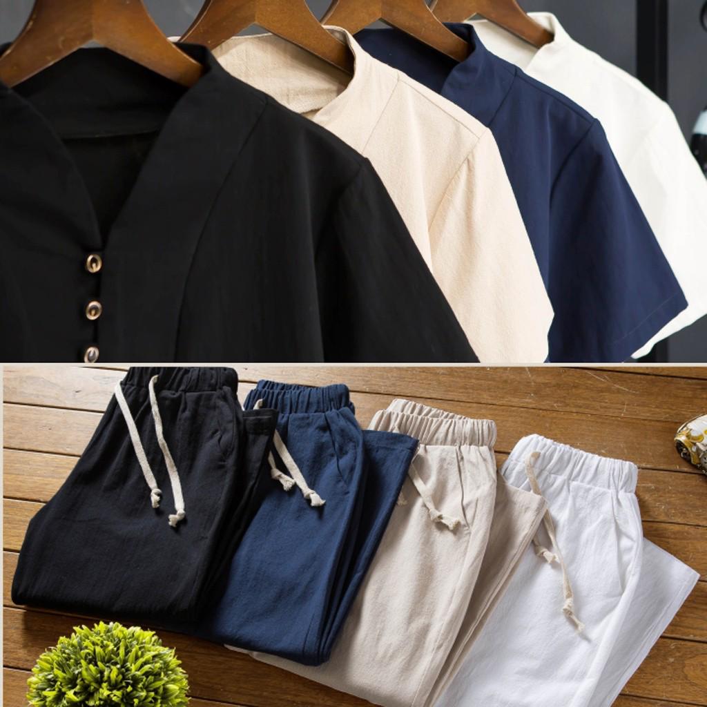 Men's Baggy Cotton Linen Pocket Solid Short Sleeve Retro T Shirts Top Pant 