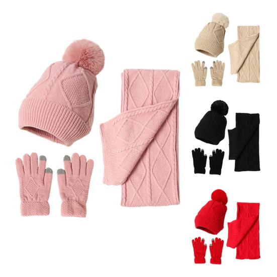 3Pcs/Set Women Winter Hat Scarf Gloves Set Plush Ball Decor Rhombus Texture Knitting Hat Long Scarf Touch Screen Gloves Set
