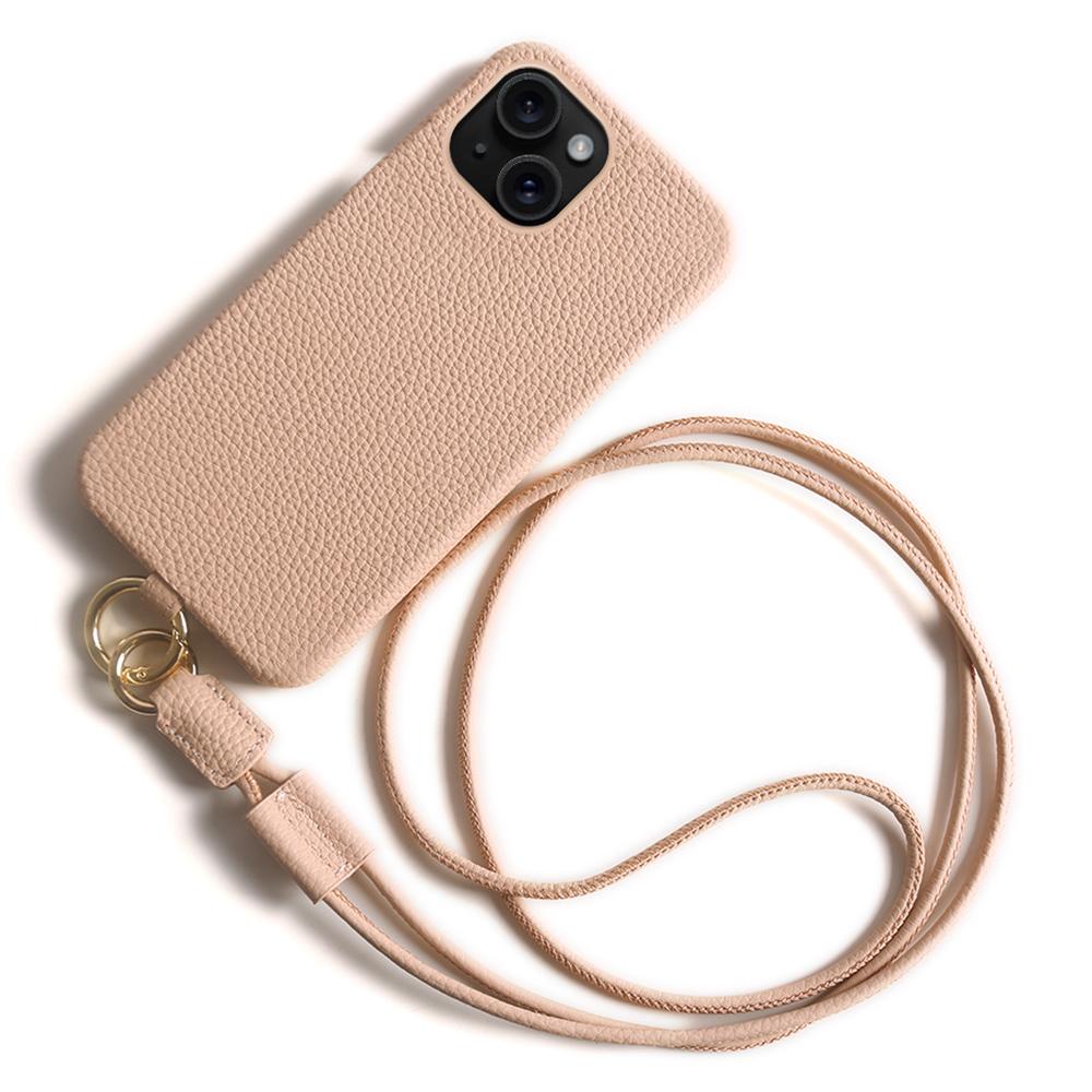 

For iPhone 15 Case with Lanyard Genuine Cow Leather PC Phone Back Cover Pink