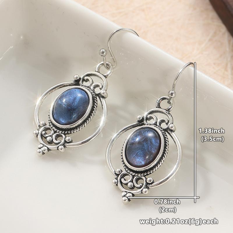 Simple  Silver Color Metal Geometry Oval Inlaid with Blue Stones Dangle Earrings for Women Jewelry