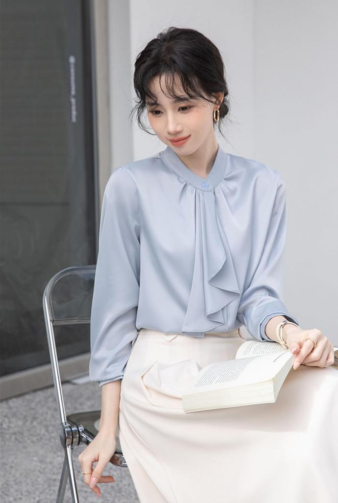 [SYitong] Women's Long-Sleeved Plain Blouse, Stylish, Washable, Collarless, White/Pink, Lined, Business/Office, Cute, Popular, Date, Outing, Commuting