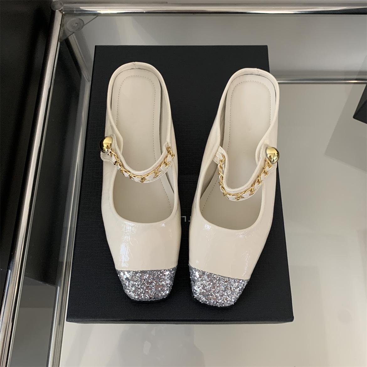 

French square head rhinestone chain splicing baotou half slippers women s 2025 new thick heel lazy Mu Qin shoes 39