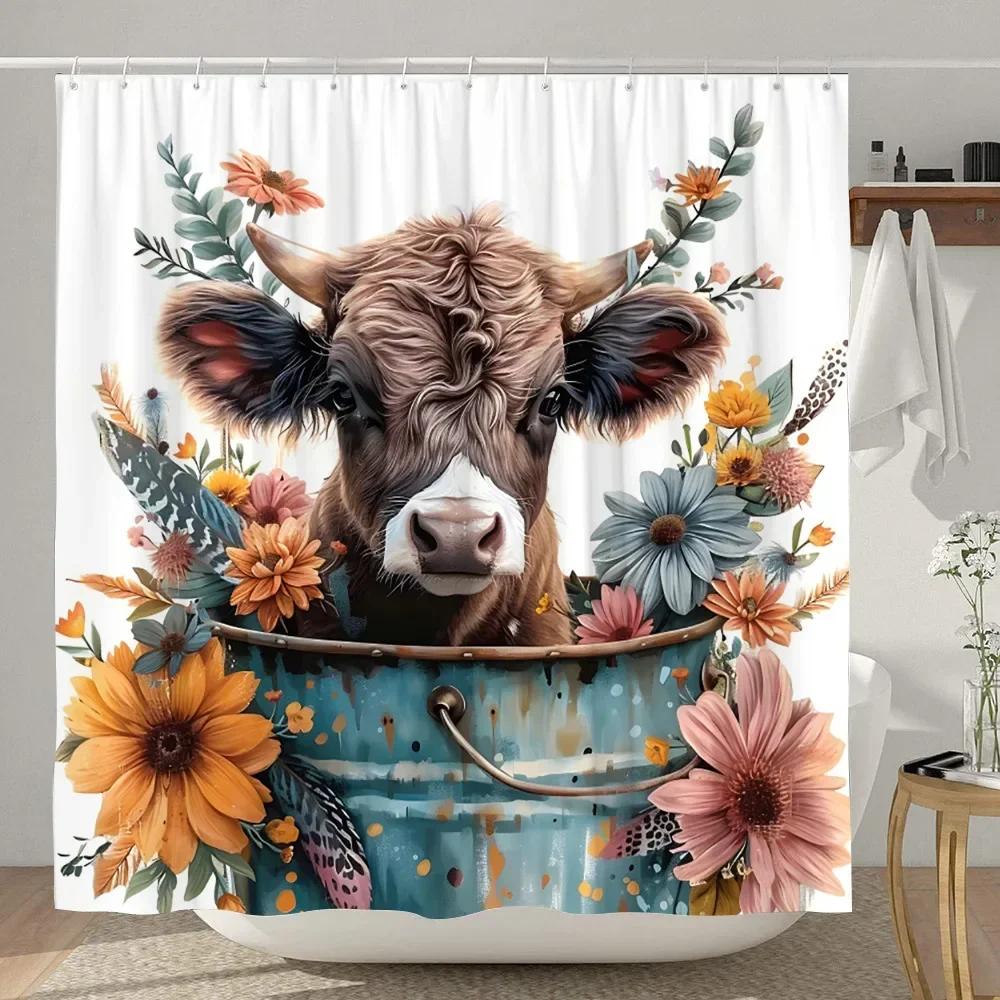 Lustiger Highland-Kuh Duschvorhang Rustikaler Landhausstil Kuh Cartoon Tier Kinder Badevorhang Polyesterstoff Heim Badezimmer Dekor