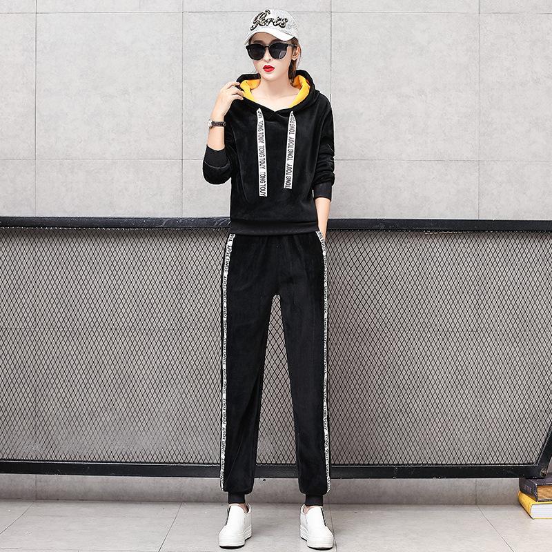 Completo di Velluto Dorato Moda Donna Autunno e Inverno Abbigliamento Sportivo Maglione Spesso con Velluto Interno Completo Due Pezzi Casual Donna