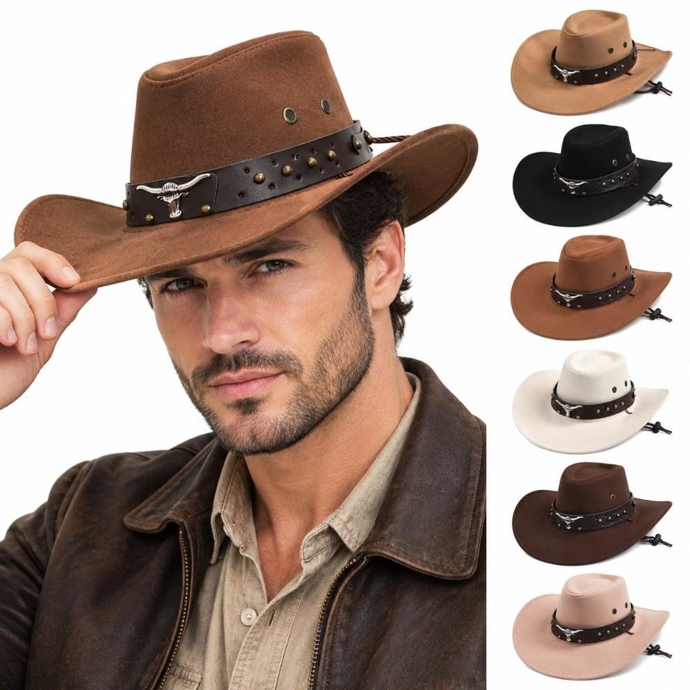 Bull Head Rivet Decor Band Western Cowboy Hat Breathable Viscose Fiber Hat Wide Brim Sun Hat Party