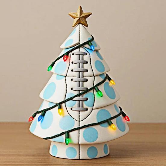 Sports Ball Inspired Christmas Tree Figurine Handcrafted Faux Leather Tree Shaped Tabletop Decoration with Golden Star Topper for Holiday Home Decor