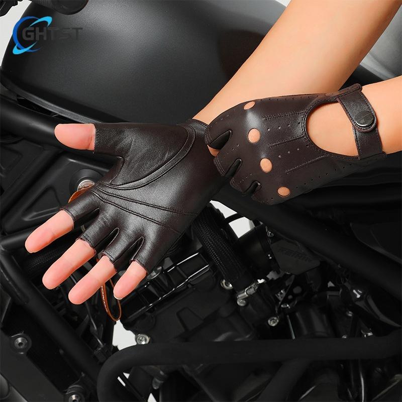 Fashion Men's Spring and Autumn Leather half-finger Gloves Genuine Sheepskin Retro Driving Cycling Motorcycle Warm Glove Winter