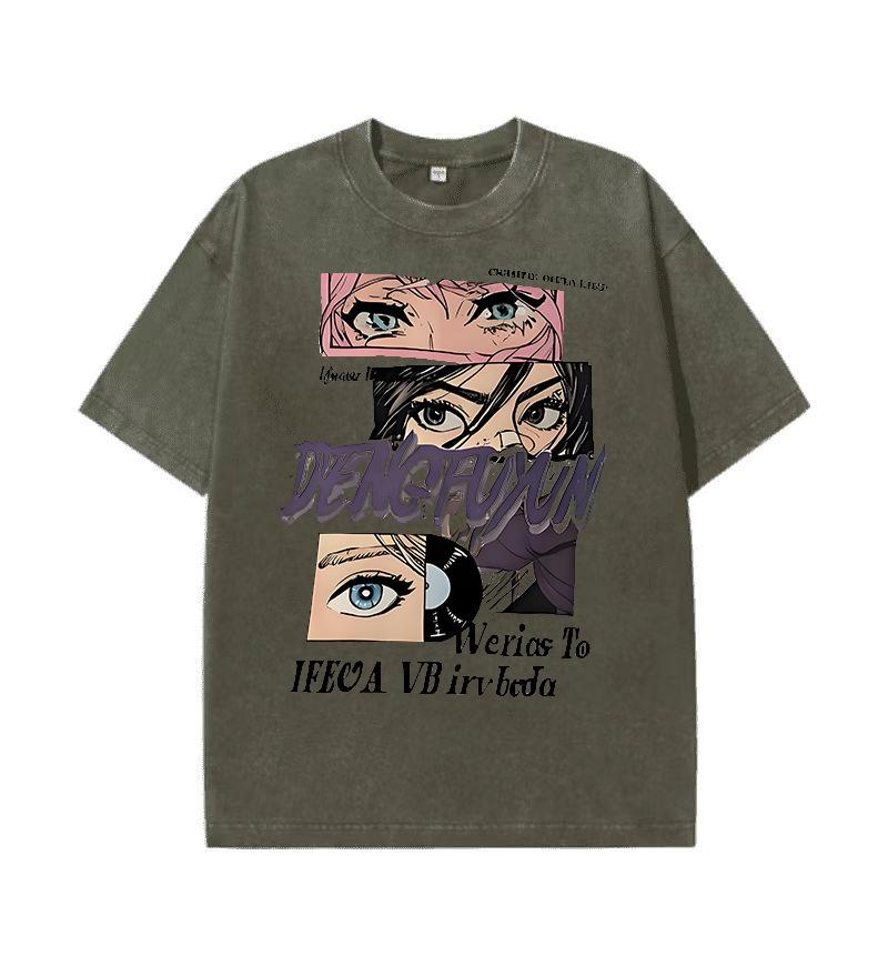 

Летняя мужская повседневная ретро футболка с короткими рукавами, японский принт, мужская тенденция персонализированной спущенной линии плеча, стираная футболка 2XL