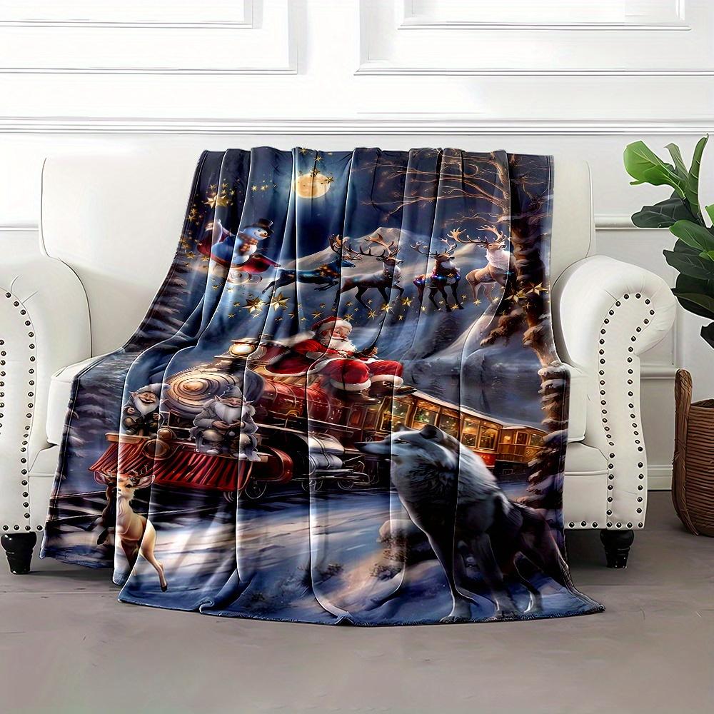 Cozy Flannel Christmas Blanket with Santa & Reindeer Print Train Scene - Soft, Warm, Reversible Throw for Sofa, Bed, Camping
