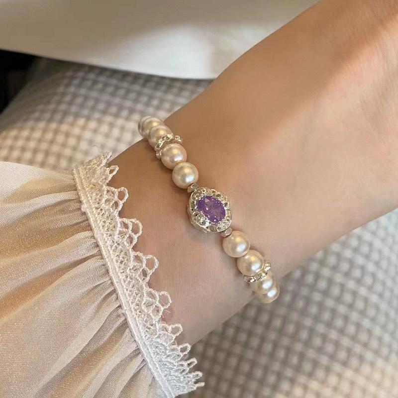 Hot Selling Pearl Beaded Bracelet 2025 New Oval Purple Zircon Pigeon Egg Elastic Rope Bracelet