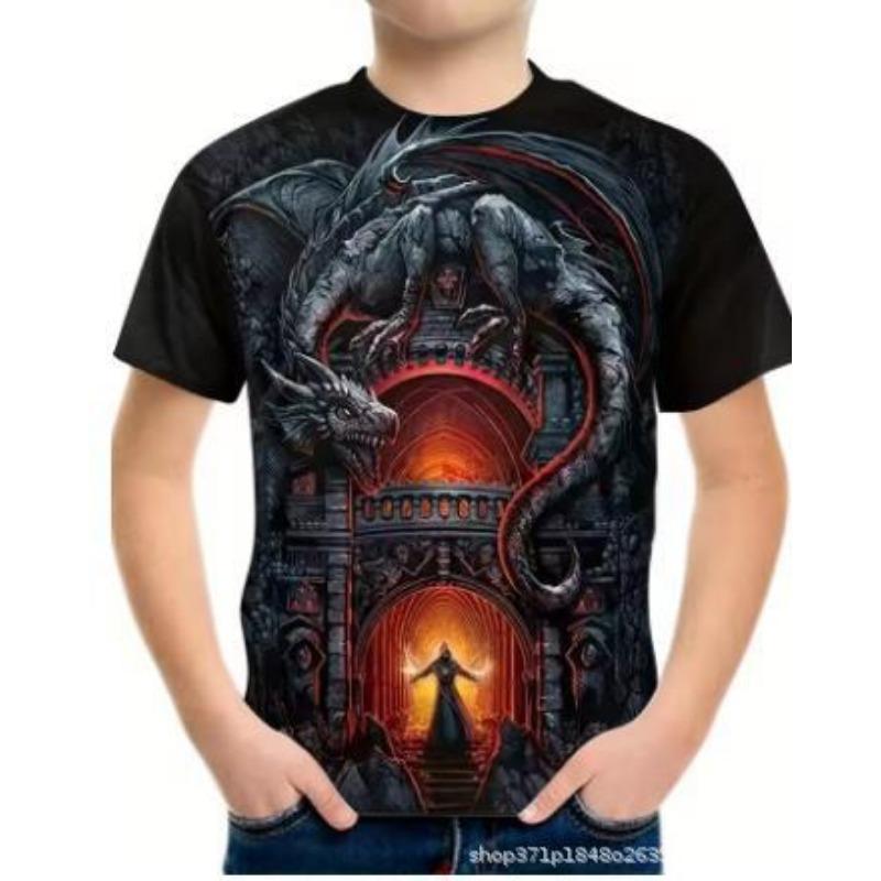 Summer Round Neck 3D Oil Painting Dinosaur Printed Top Fashionable Casual Short Sleeved Children's Boy T-shirts