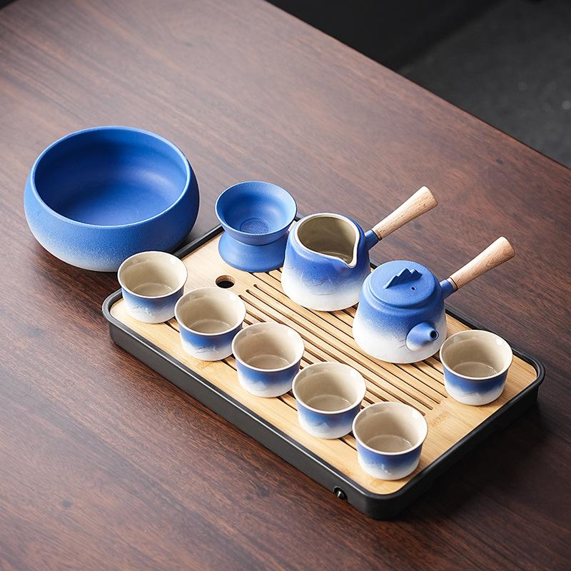 Gradually Change the Blue and White Coarse Pottery Teapot Kung Fu Tea Set, the Whole Set of Household Tea Trays, Light Luxury Gifts