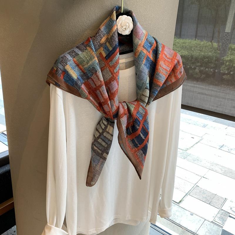 Herringbone pattern double-sided square scarf temperament sense outer fit elegant female versatile flow silk scarf breathable scarf square scarf