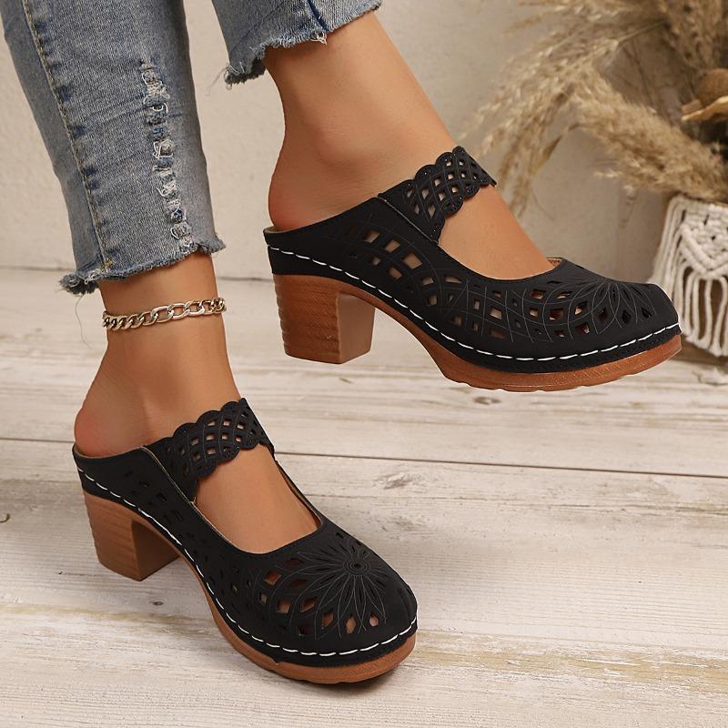 Women's Summer New Large Size Women's Sandals Retro Block Heel Slippers Large Size Cutout Wedge Sandals