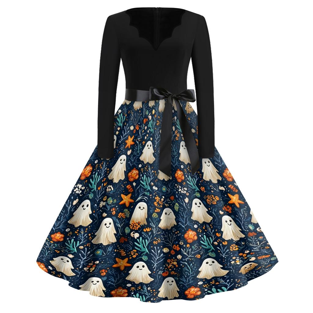 Womens Casual Halloween Print V Neck Vintage Dress Long Sleeve A Line Retro Style Midi Dress with Waist Tie