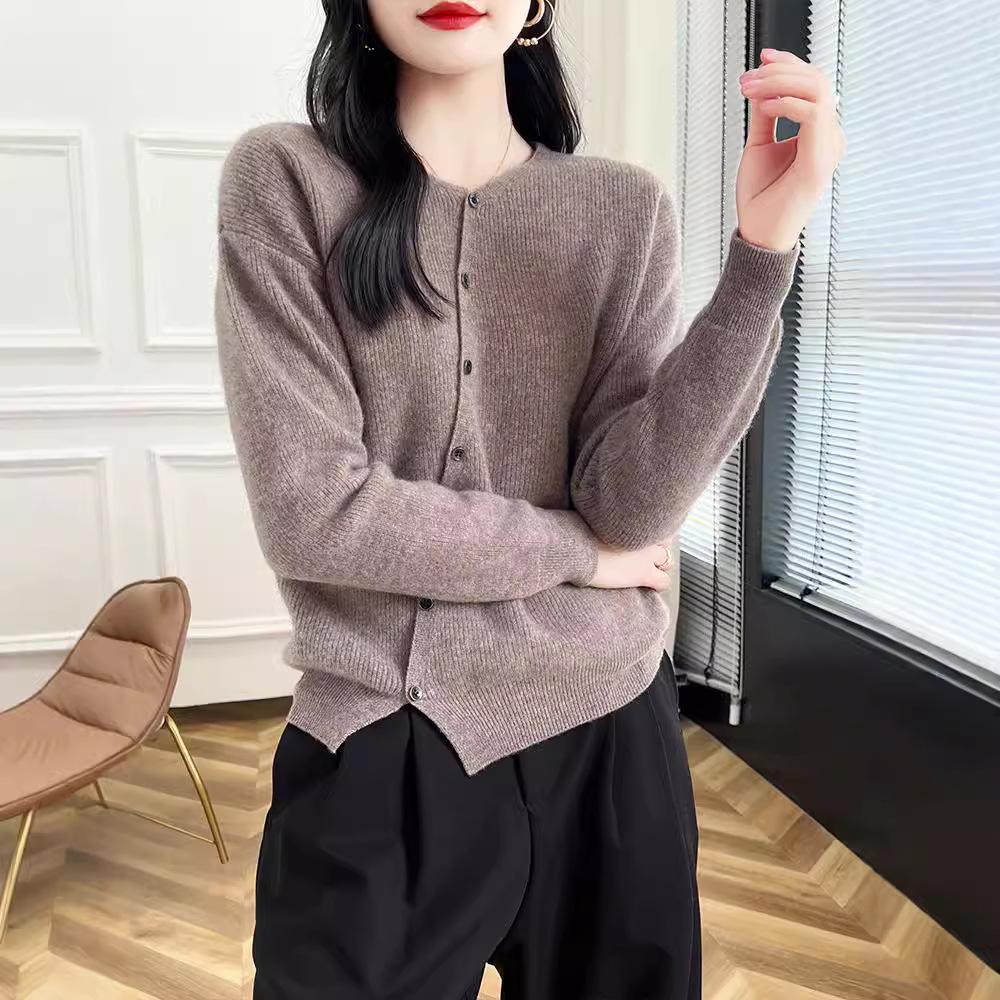 Autumn/Winter Wool Round Neck Asymmetrical Button Cardigan - Women's Loose Solid Color Cashmere Knitwear