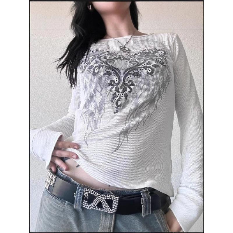 Cross-border vintage feather wing print foreign trade European and American printed crew neck elegant commuter long-sleeve women