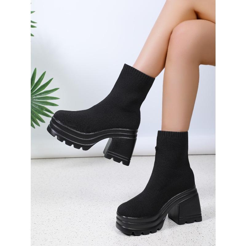 Large Size Women's Leather Boots New Style Square Head Platform High-heeled  Women Shoes Black and White Square Heel Short Boot