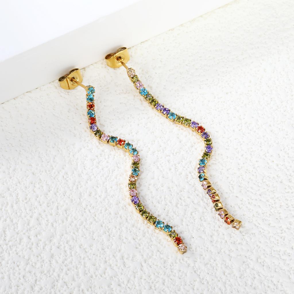 Fashionable And Luxurious Round Colorful Zircon Fringe Earrings With Exquisite Chain Accessories Versatile Ear Jewelry