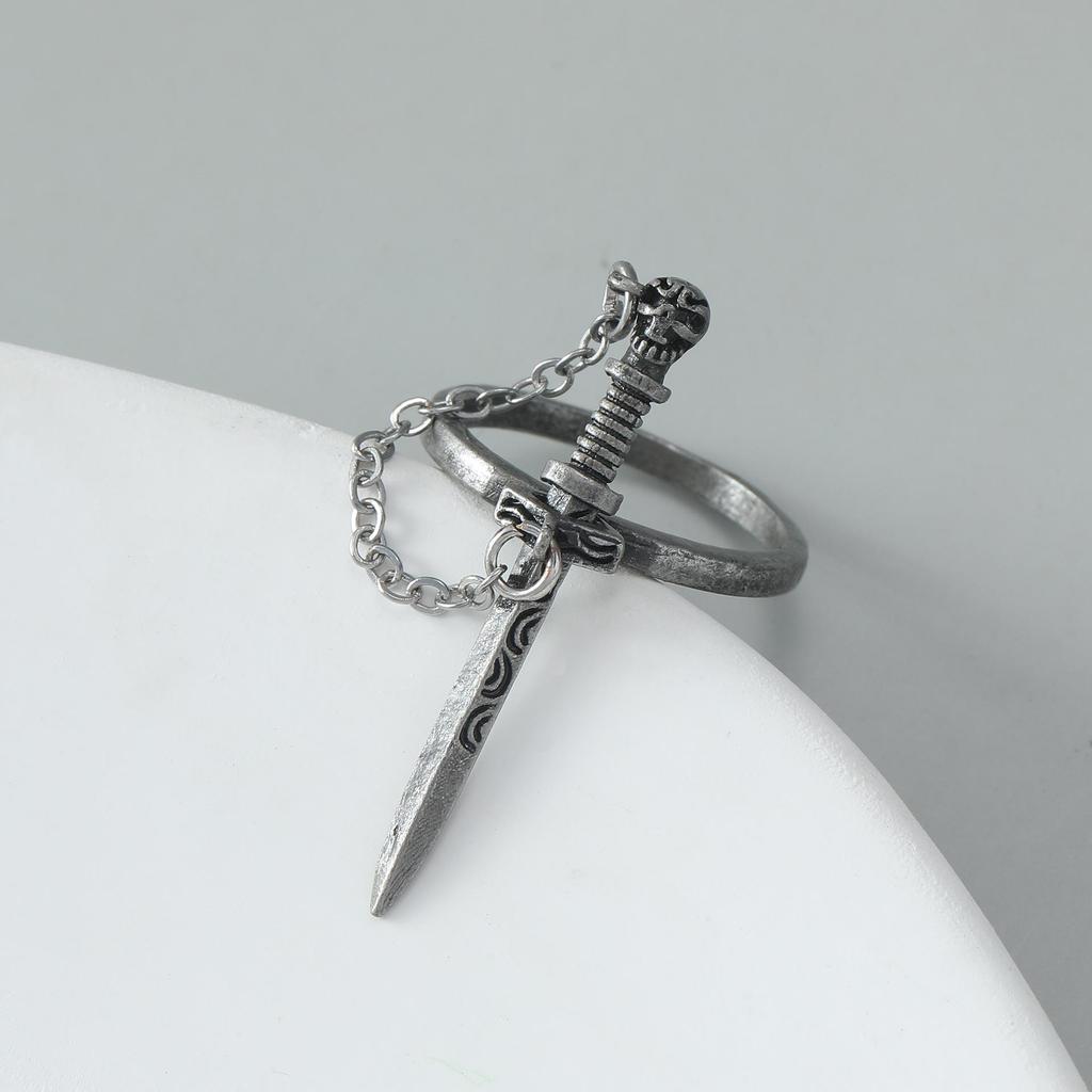 Gothic Cross Sword Ring for Women - European & American INS Style with Chain Tassel & Skull Design
